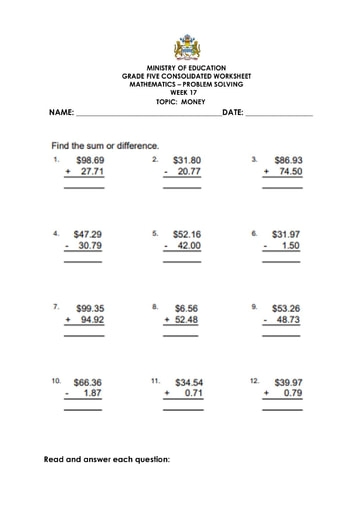 Grade 5 Worksheets Mathematics
