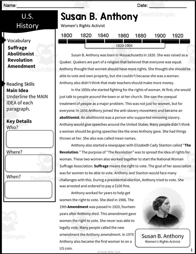 Historical Heroes Susan B Anthony Worksheets Star Worksheets