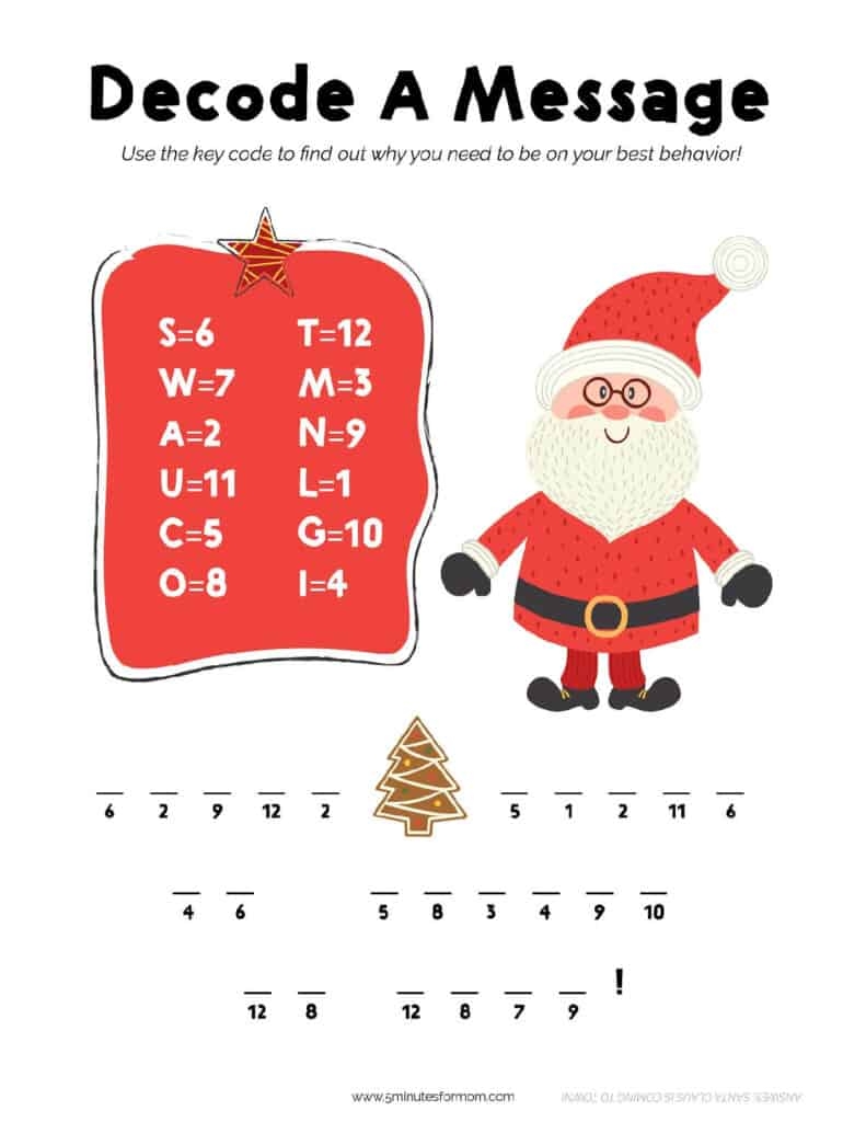 Holiday Activity Sheets Christmas Printable Decode A Message 5 