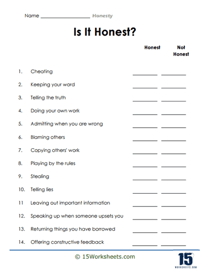 printable worksheet honesty adults