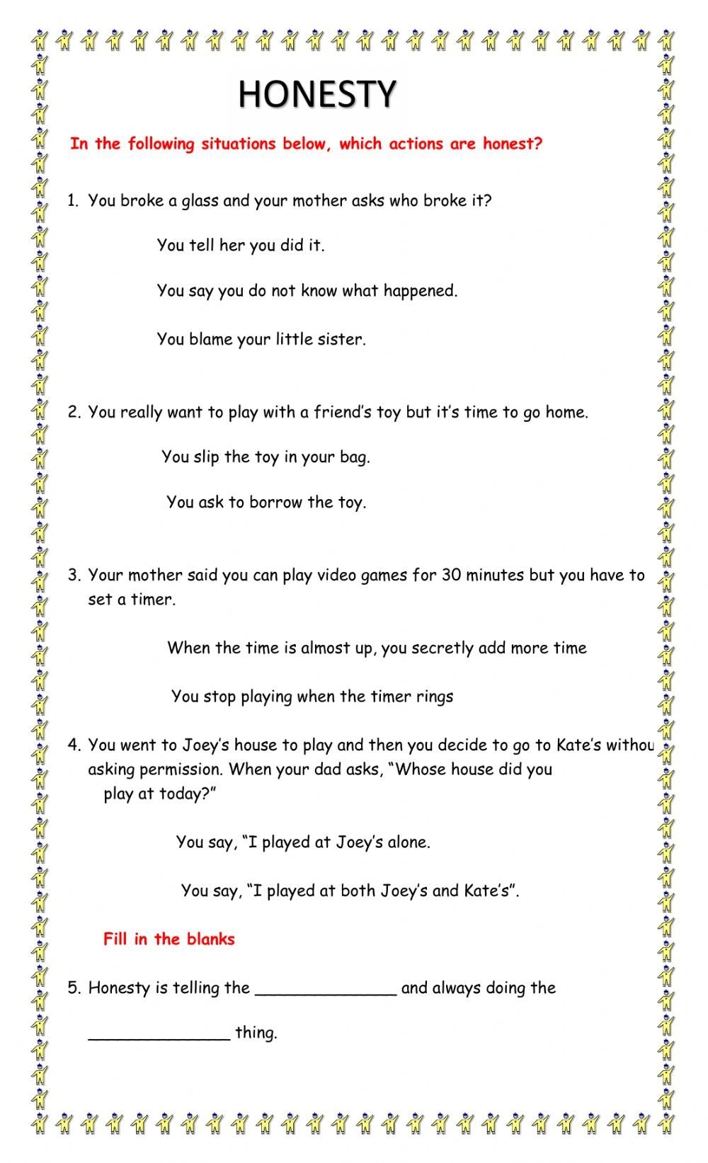 Honesty Worksheet Worksheets Library