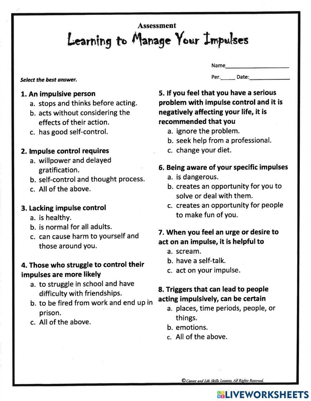 Impulse Control Test Online Exercise For Live Worksheets Worksheets 