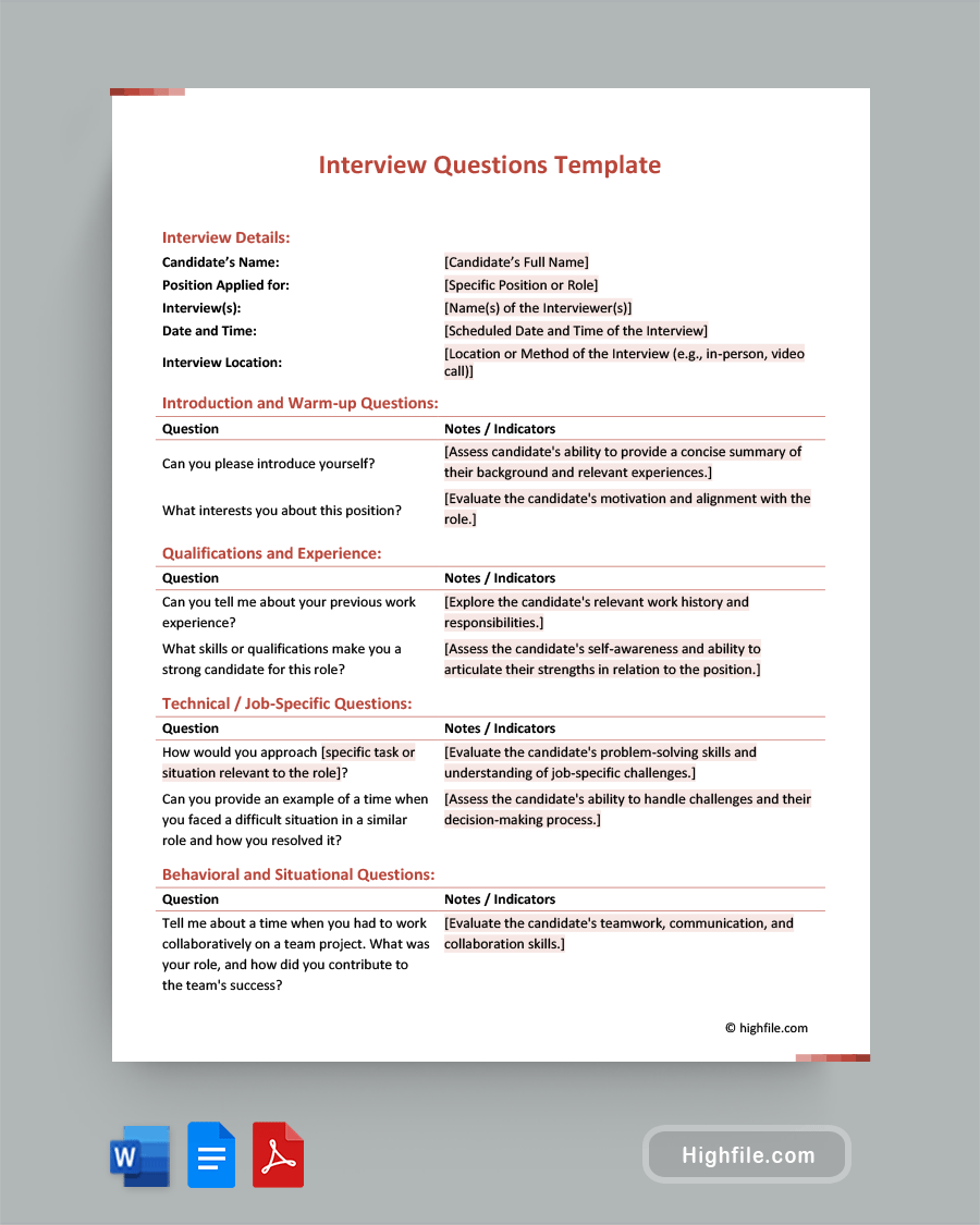 Interview Questions Template Word PDF Google Docs Highfile