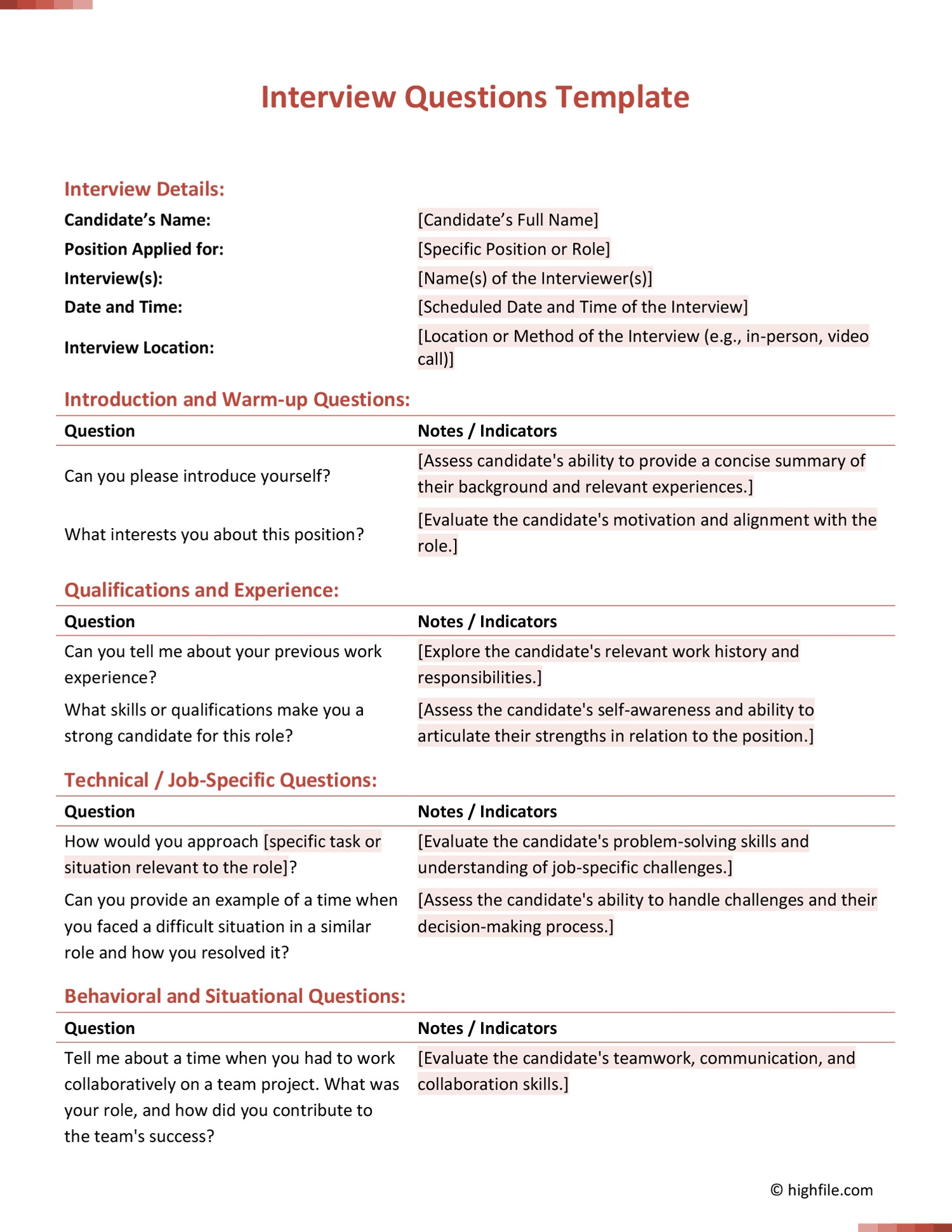 Interview Questions Template Word PDF Google Docs Highfile