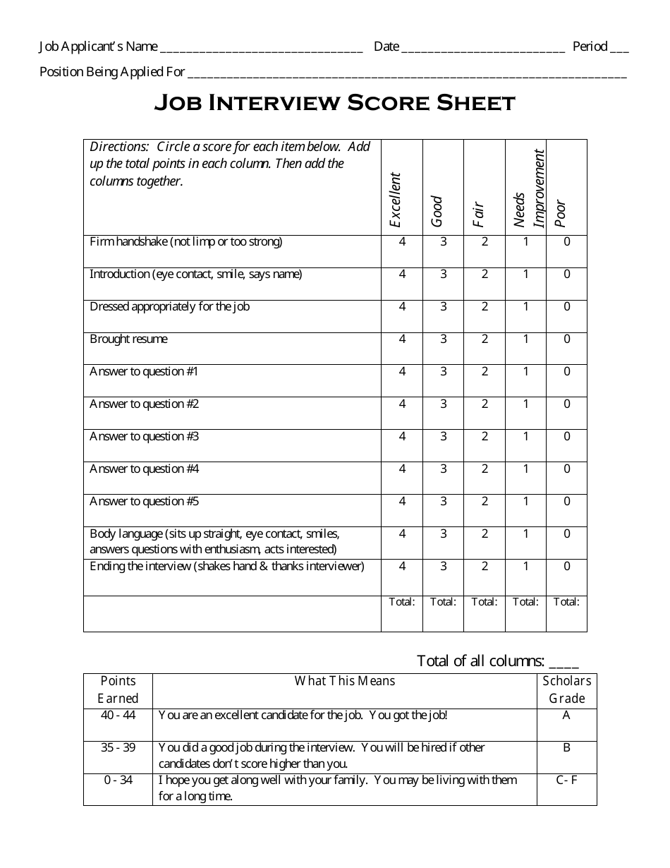 blank interview question sheet
