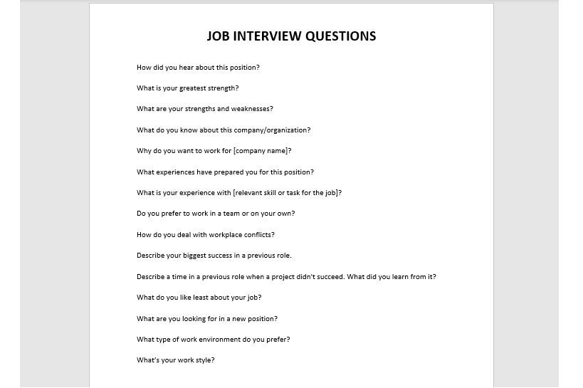 job interview questions template word