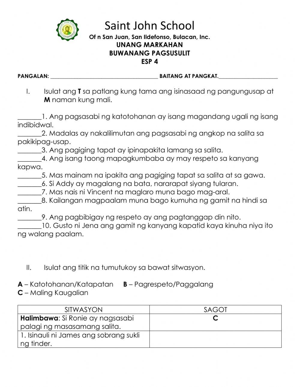 Katotohanan At Paggalang Worksheet Workbook Teachers Worksheets