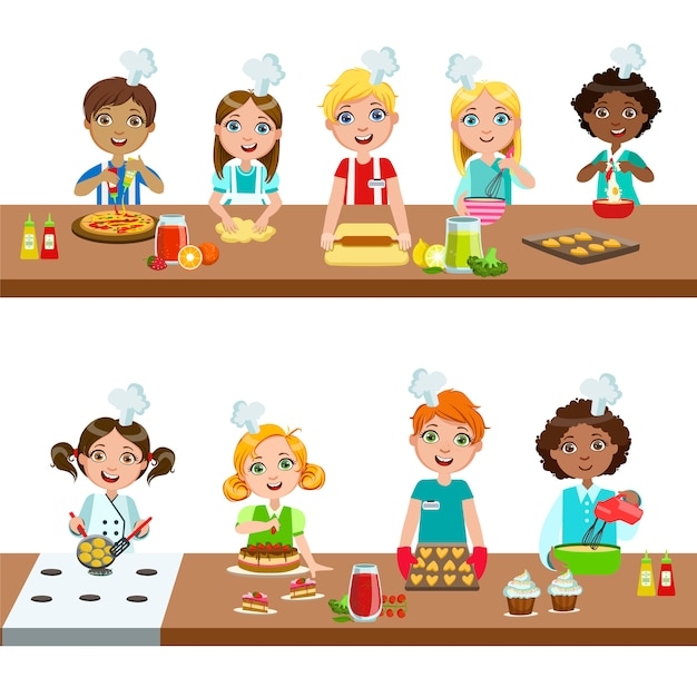 Kids In Cooking Class Premium Vector