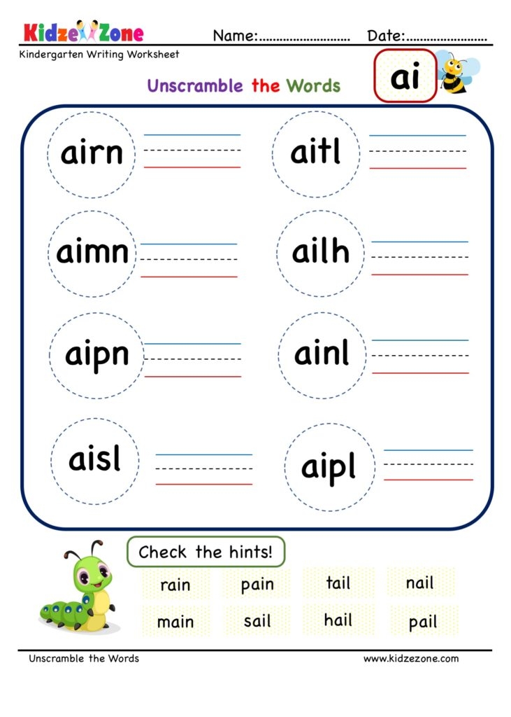 Kindergarten Ai Word Family Unscramble Words Worksheets