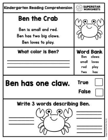 Kindergarten Reading Comprehension Worksheets Superstar Worksheets