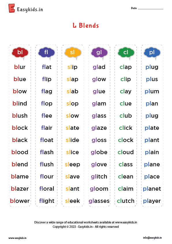 l blend word list printable