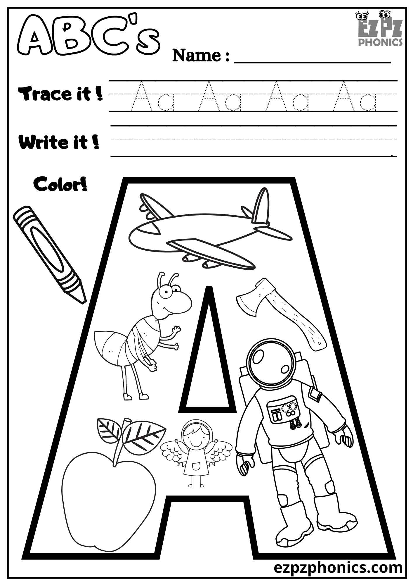 Letter A Trace Write And Color Ezpzphonics
