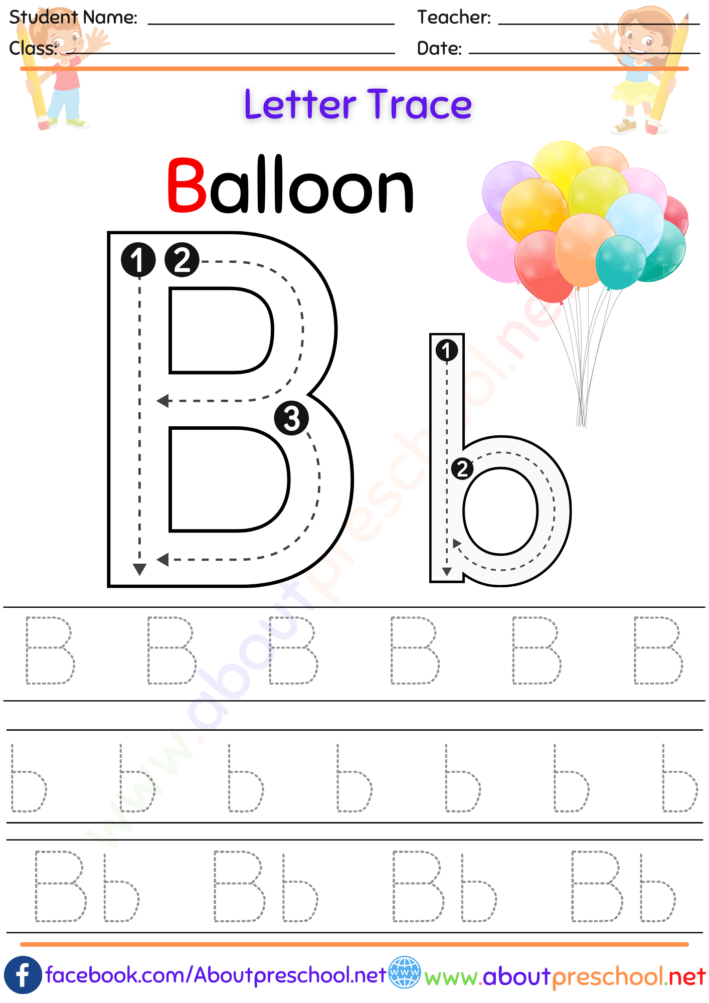 Letter B Tracing Worksheet PDF About Preschool