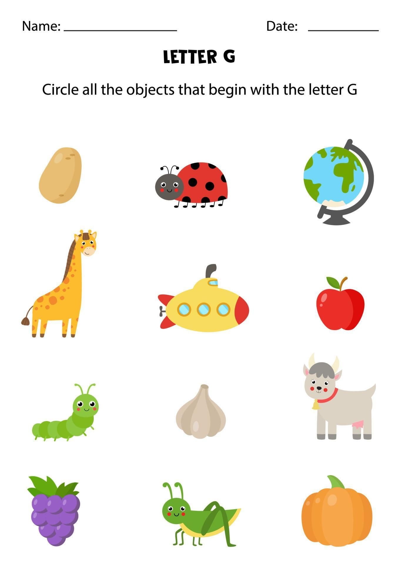Letter Recognition For Kids Circle Objects Starting With G