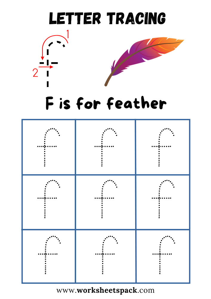 Lowercase Letter F Tracing Worksheet Feather Theme