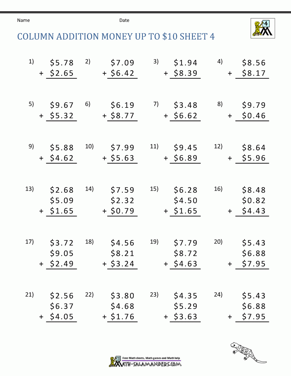 Math Addition Worksheet Collection 4th Grade