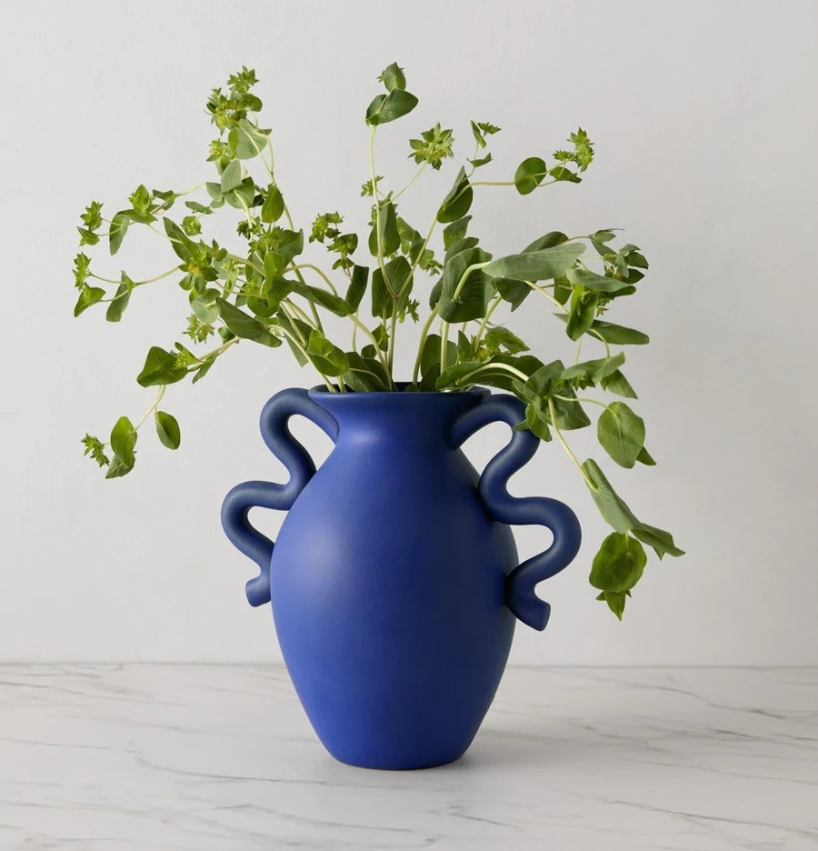 Matte Blue Ceramic Vase With Squiggly Handles Amphora Shaped Vases For