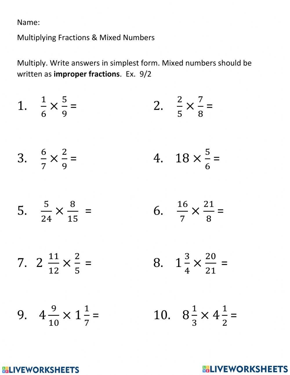 easy multiplying fractions worksheet