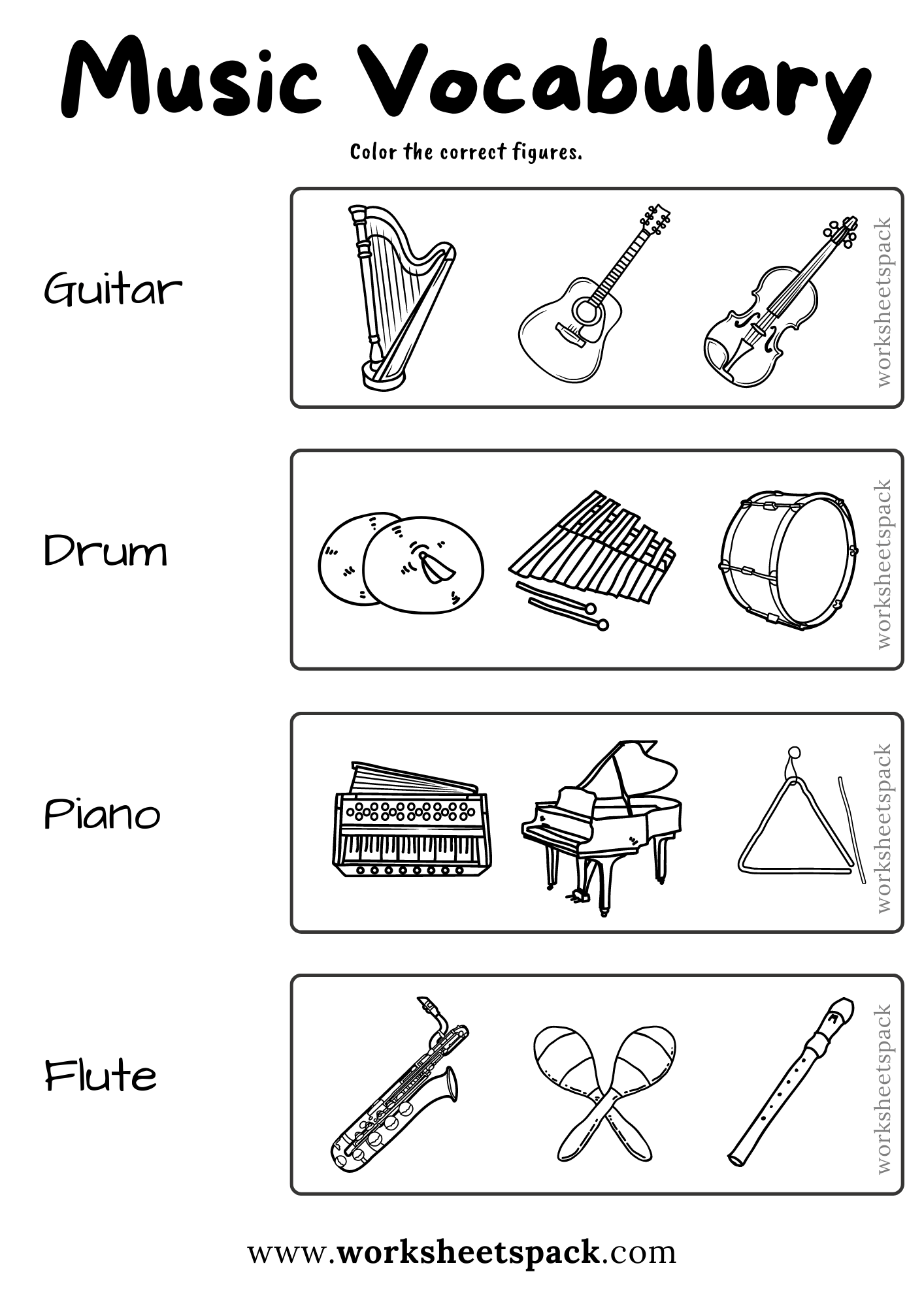 Musical Instruments Coloring Pages Free PDF Worksheetspack