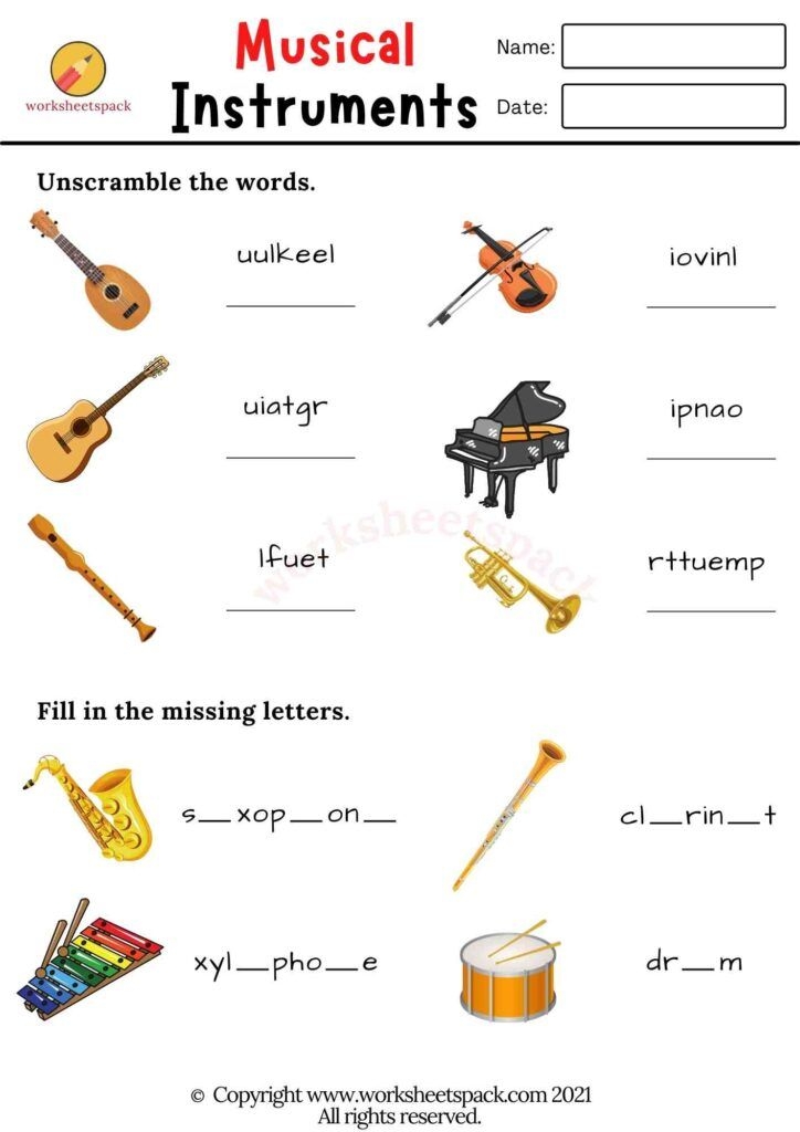 Musical Instruments Worksheets Pack