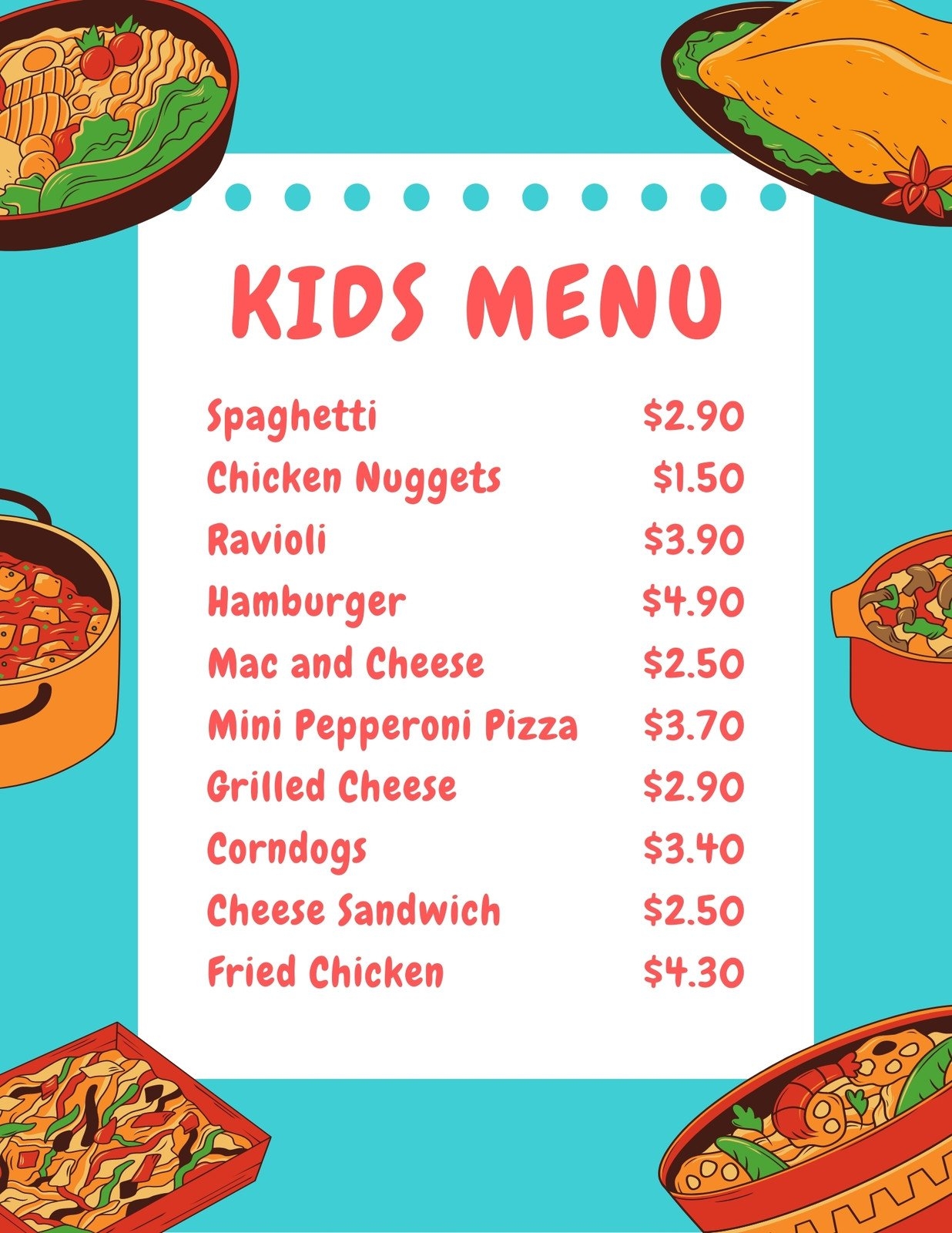 Page 2 Free Printable Customizable Kids Menu Templates Canva