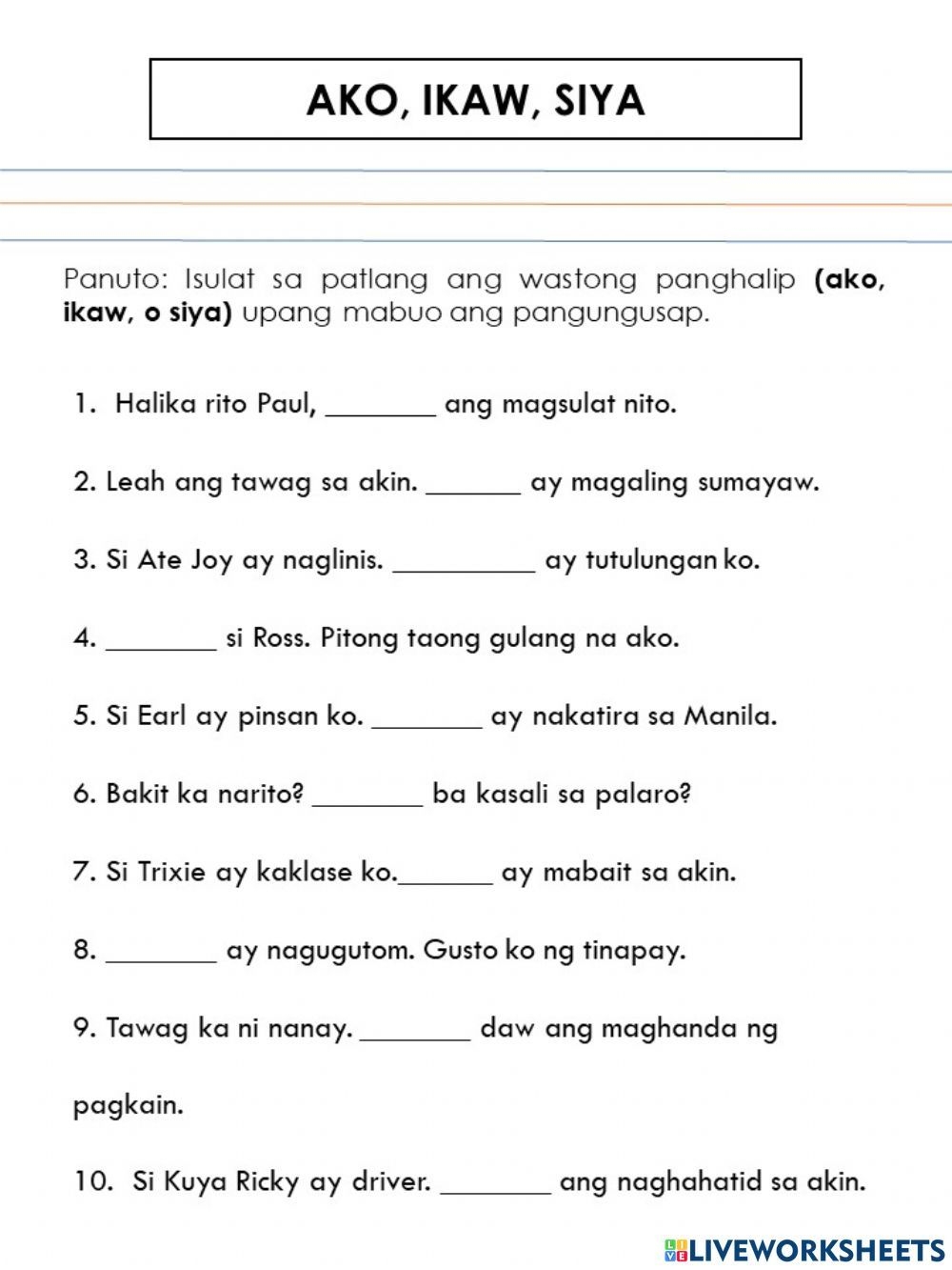Panghalip ako Ikaw Siya Worksheet