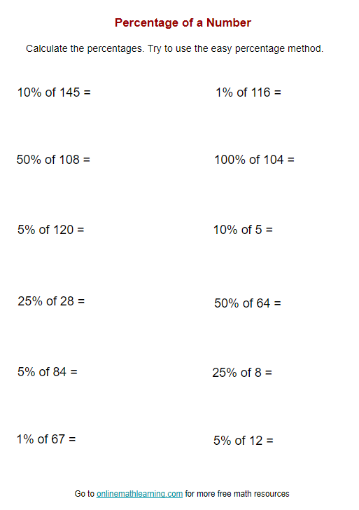 Percentage Worksheets answers Examples 