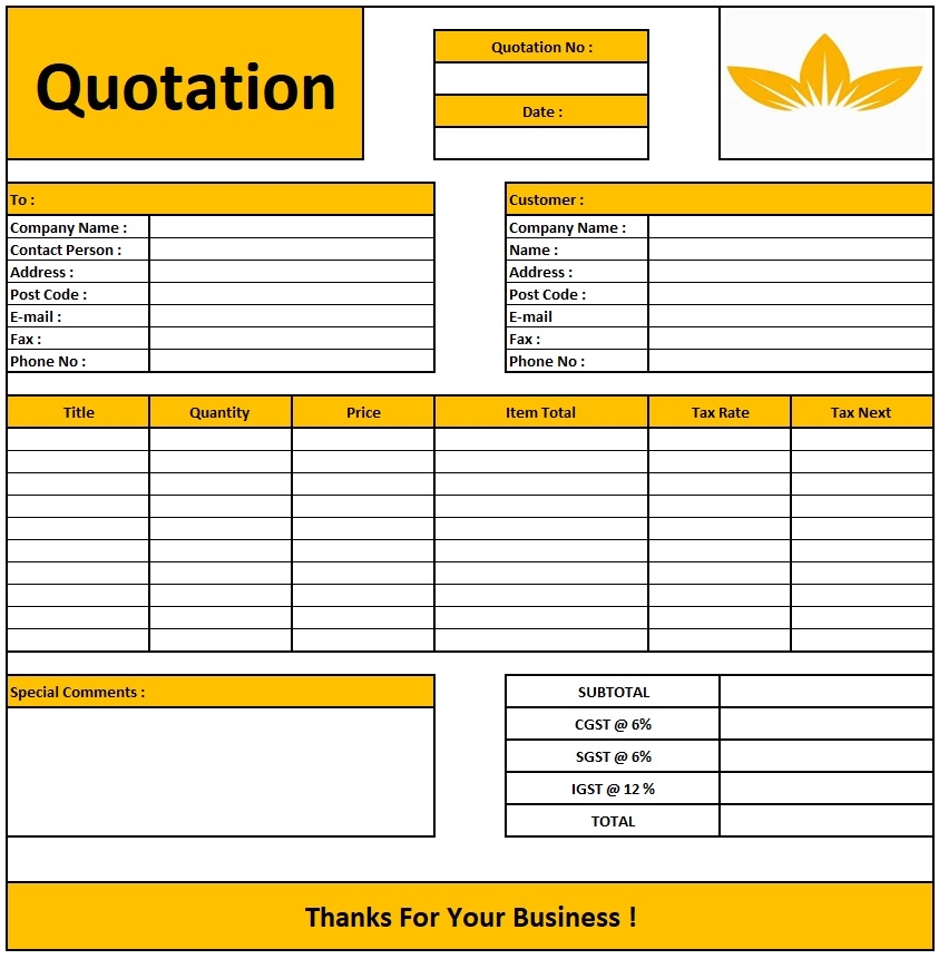quotation format in excel sheet