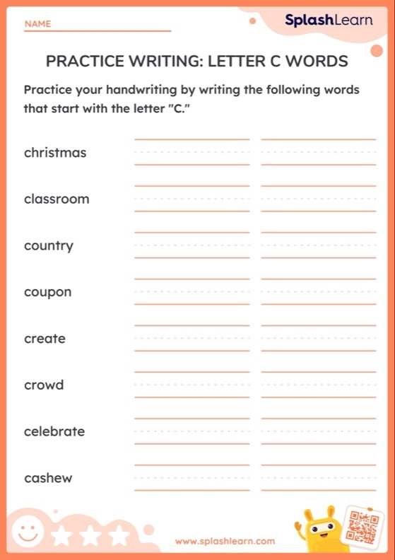 Practice Writing Letter C Words Printable ELA Worksheet