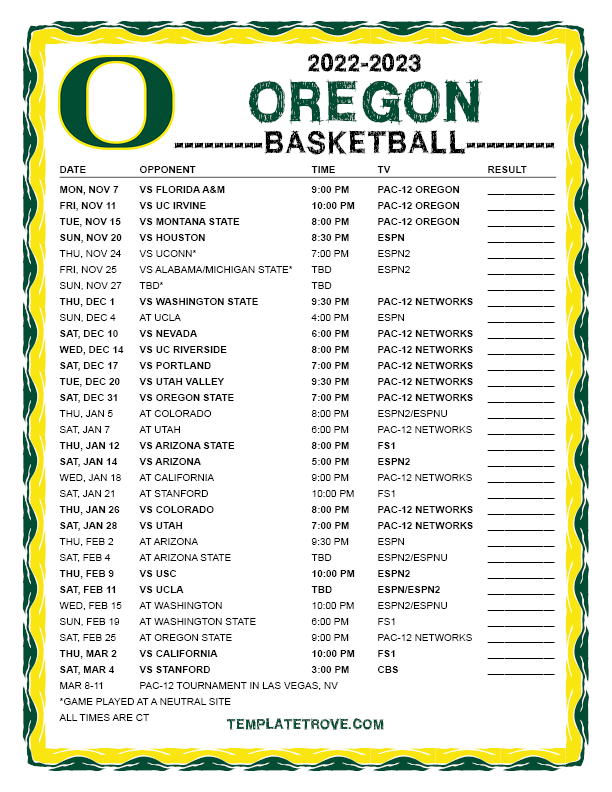 Printable 2022 2023 Oregon Ducks Basketball Schedule