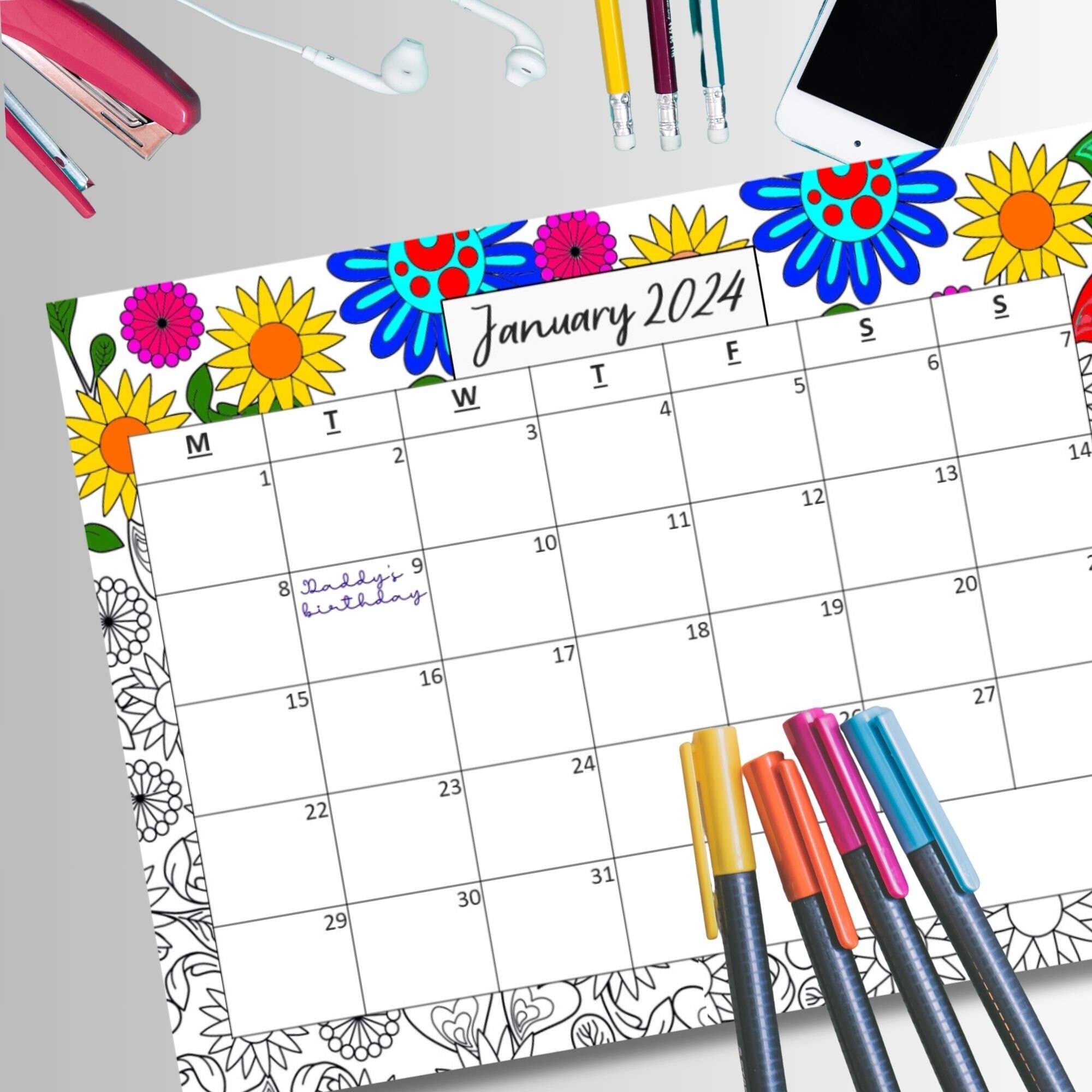 Printable Colorable Floral Monthly Calendar 2024 Dated Monthly Planner 