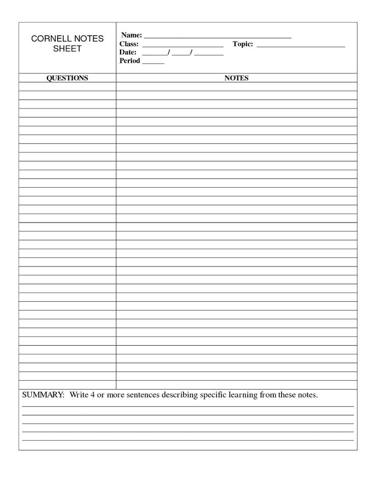 Printable Cornell Note Sheet Cornell Notes Cornell Notes Template