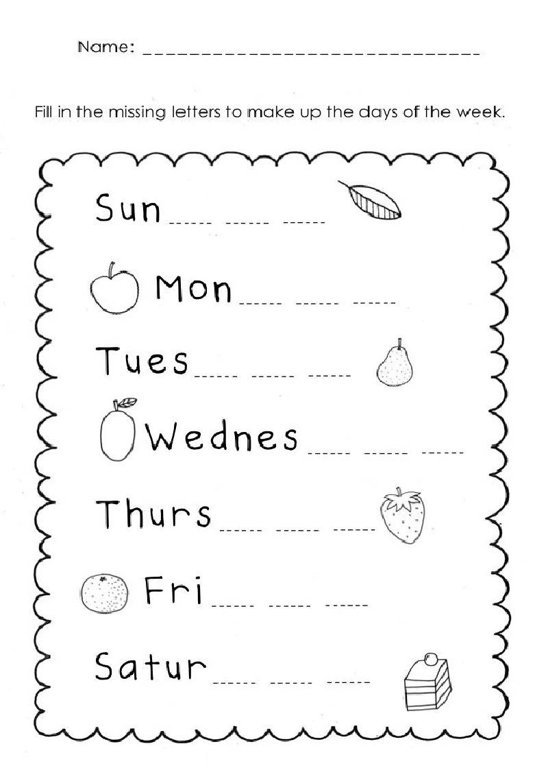 printable worksheets days of the week