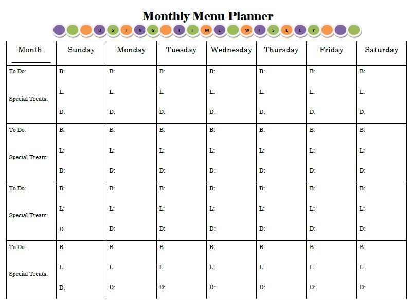 free printable monthly menu templates