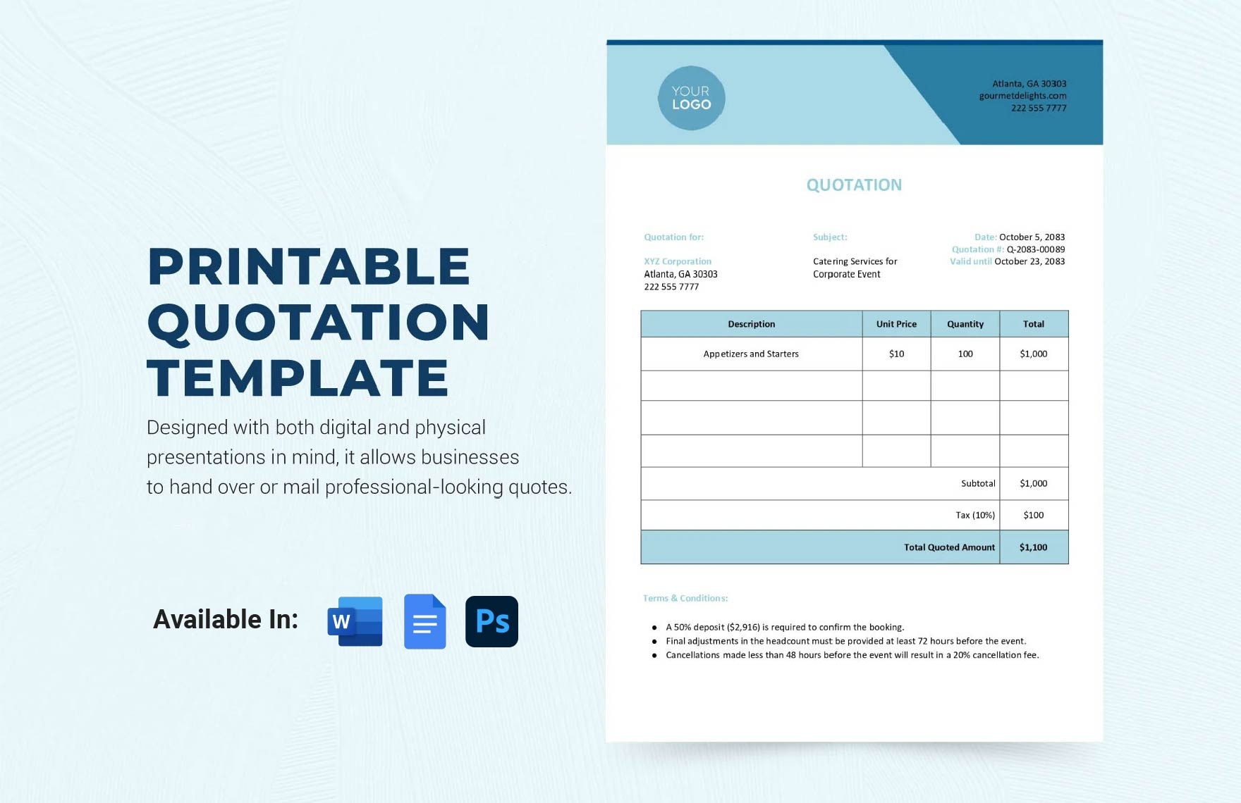 Printable Quotation Template In Word PSD Google Docs Download 