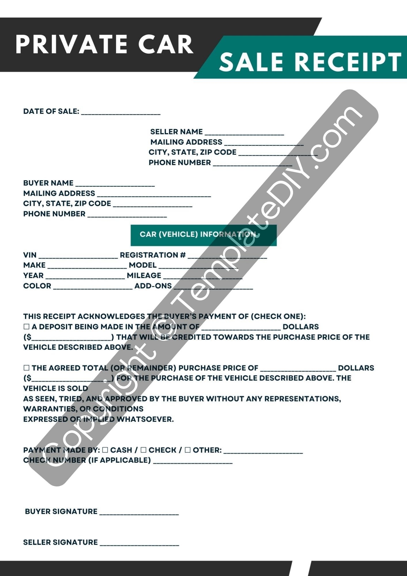 Private Car Sale Receipt Template Printable PDF Word Worksheets Library