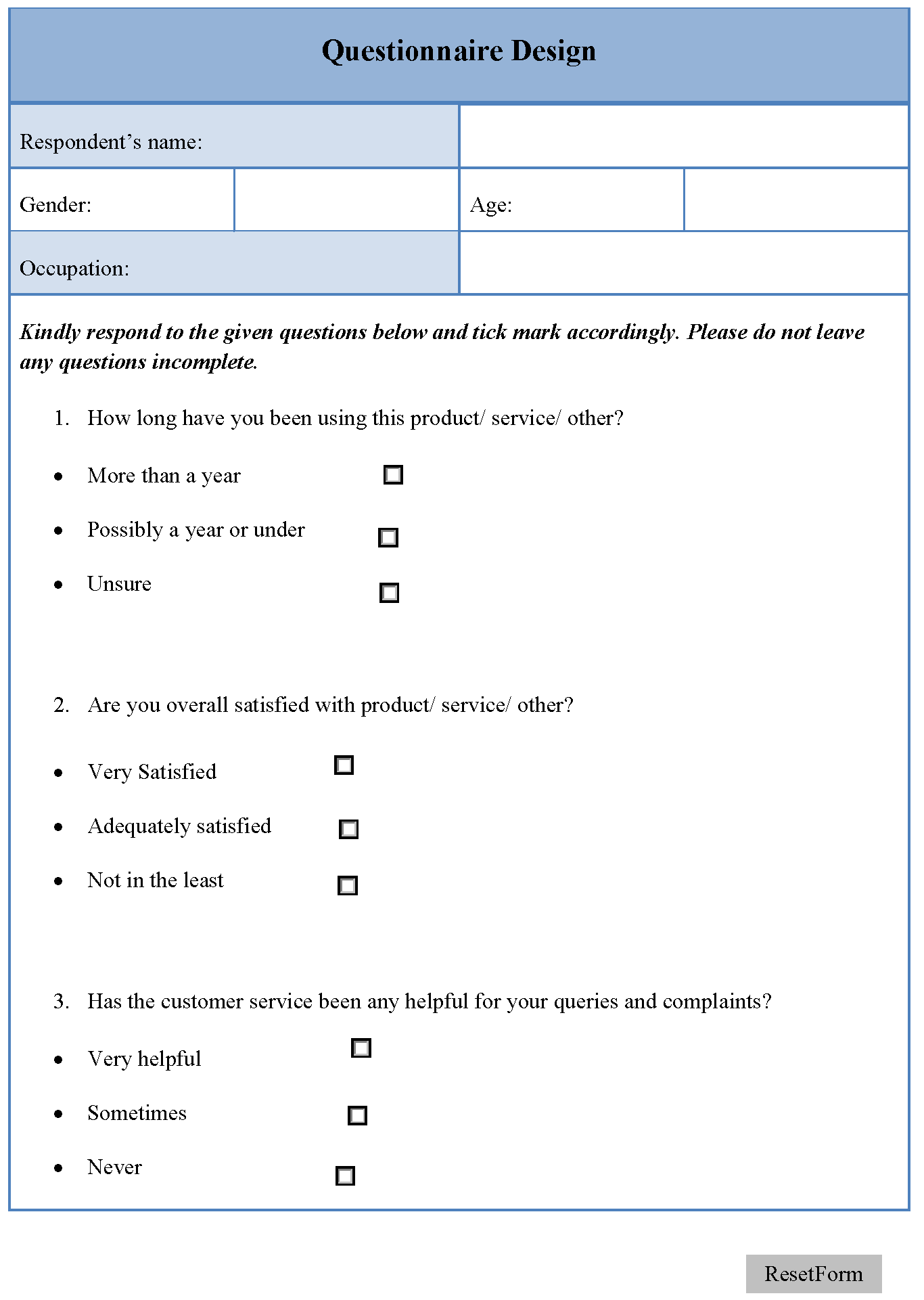 Questionnaire Design Template Editable Forms