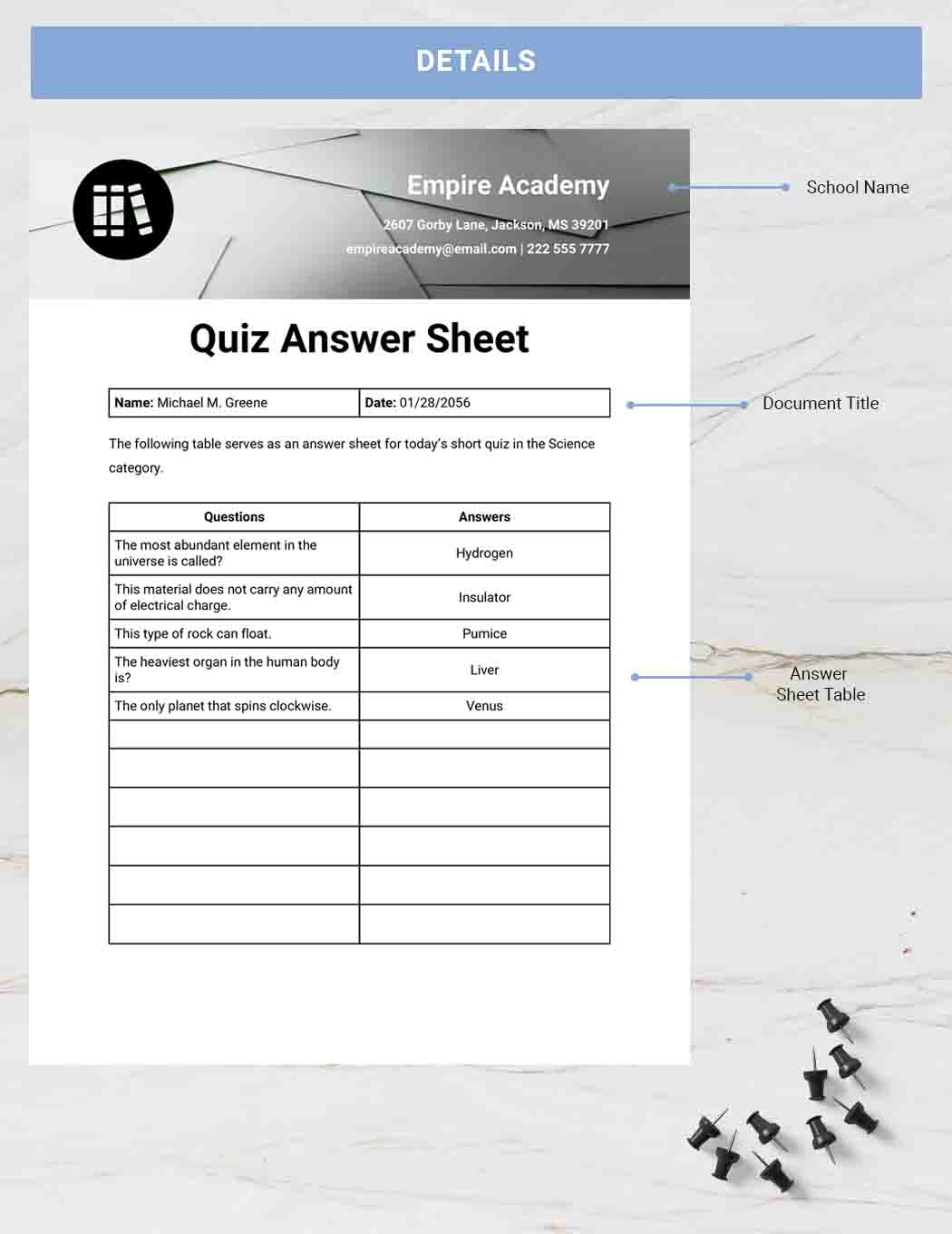 Quiz Answer Sheet Template Google Docs Word Apple Pages Template