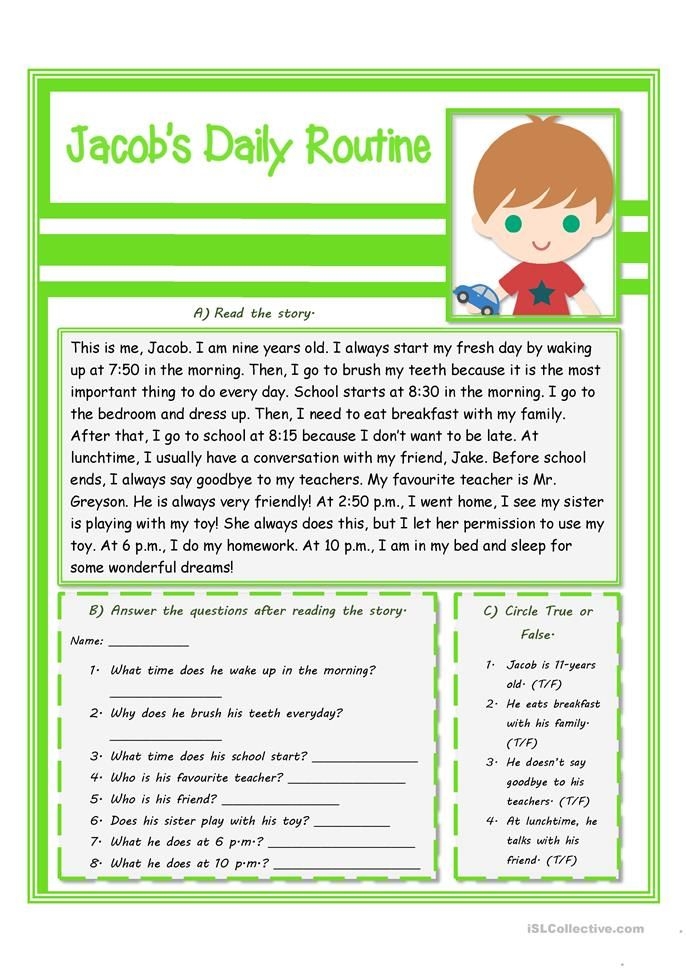 Reading Comprehension Jacob 39 s Daily Routine English ESL Worksheets