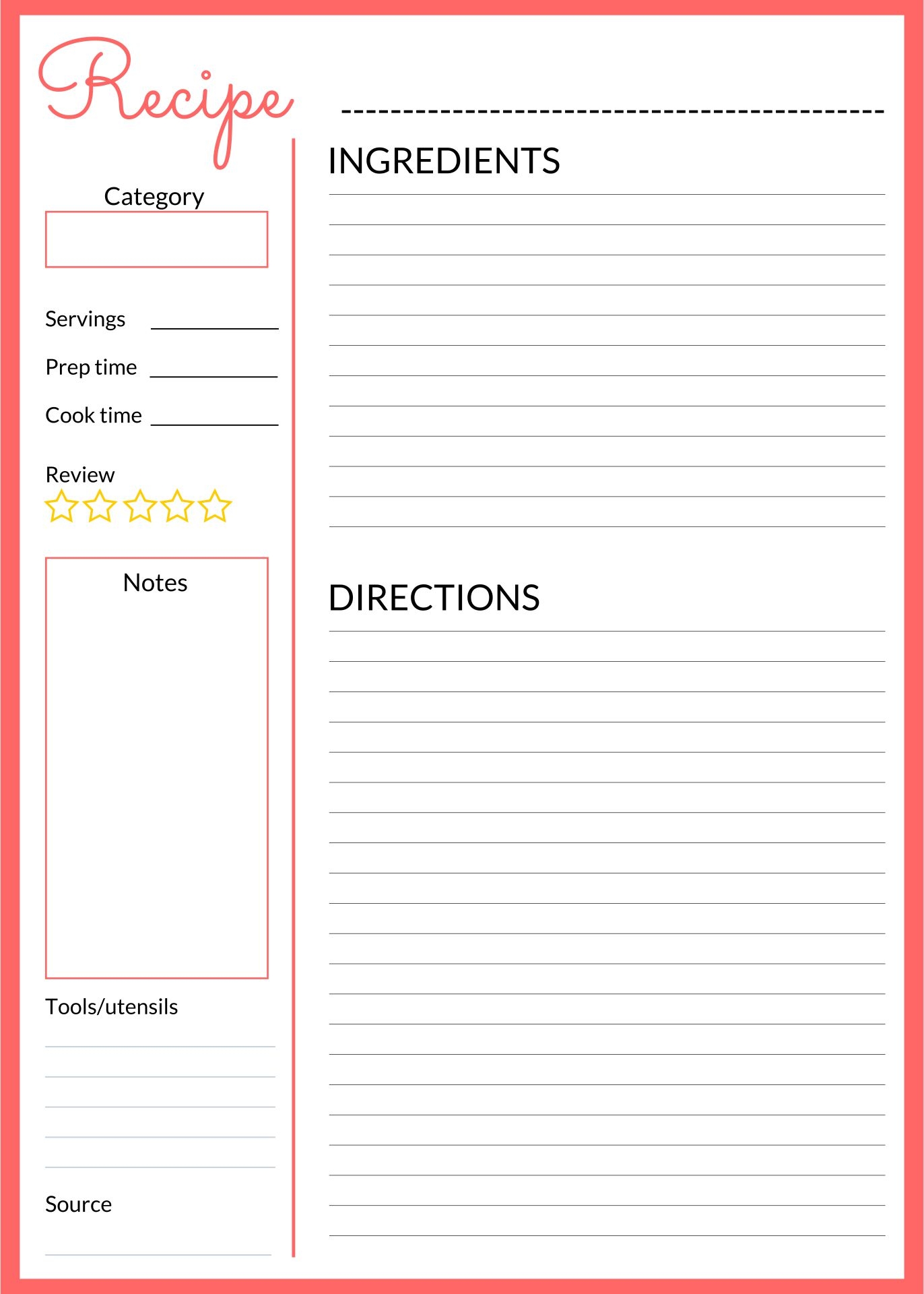 Recipe Template Printable