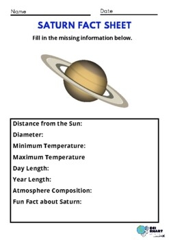 Saturn Fact Sheet By Sci Smart Education TPT