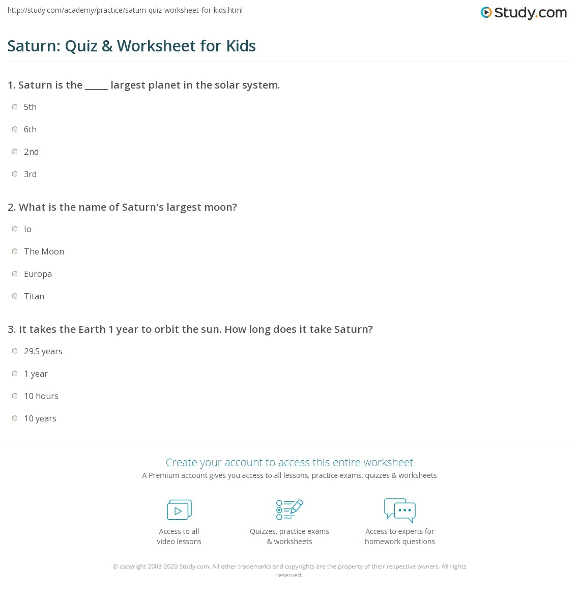 Saturn Quiz Worksheet For Kids Study