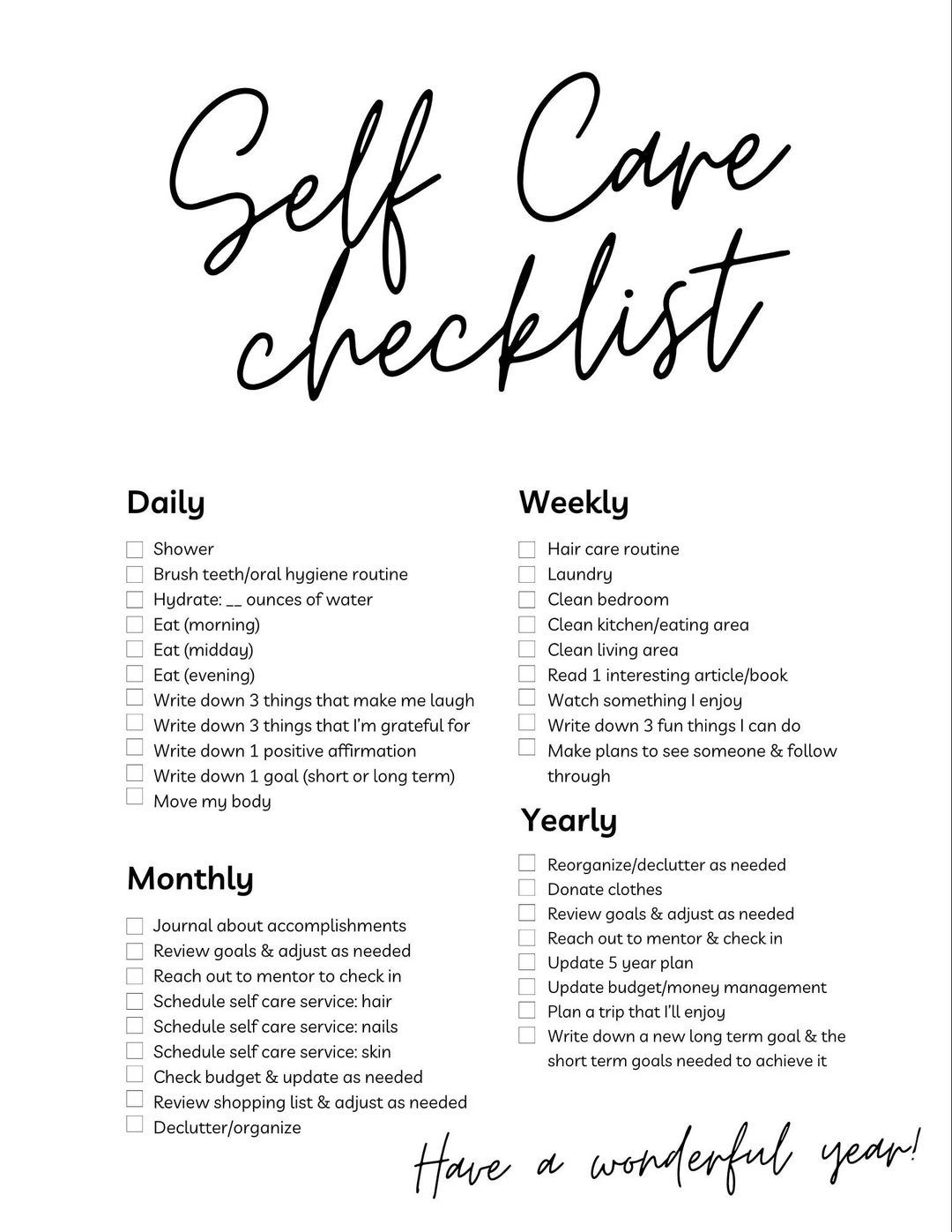 Self Care Checklist Home Decor