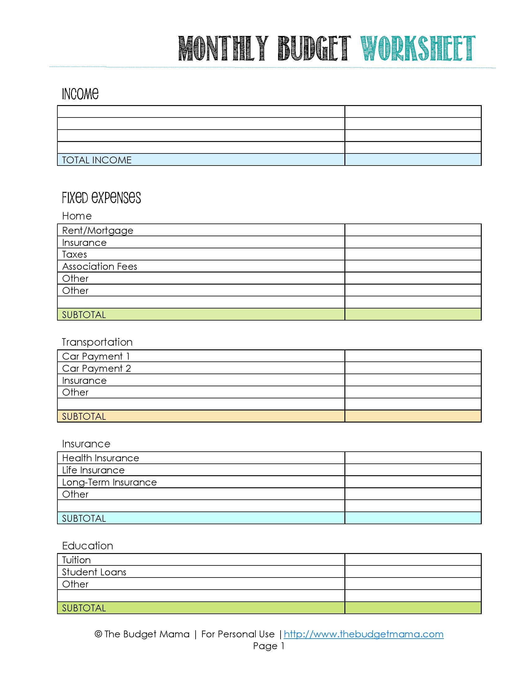 free simple printable budget worksheet