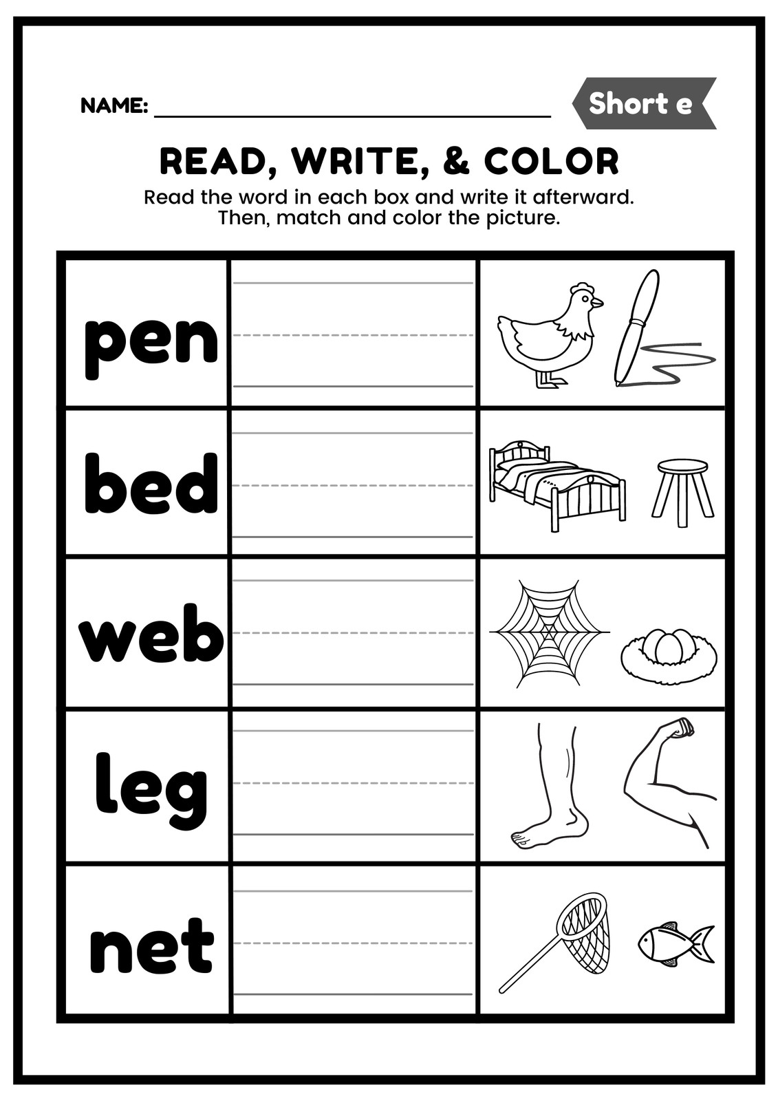 Short Vowel E Circle And Print Worksheet For 1st 2nd Grade 