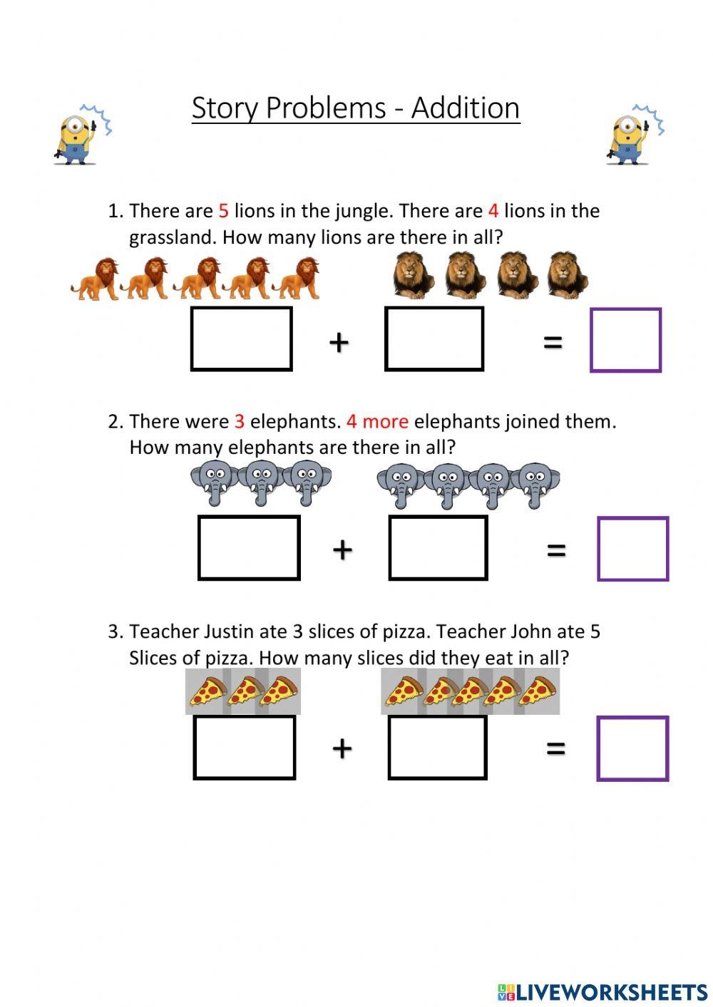 Story Problems Grade 1 Easy Addition Worksheet Live Worksheets 