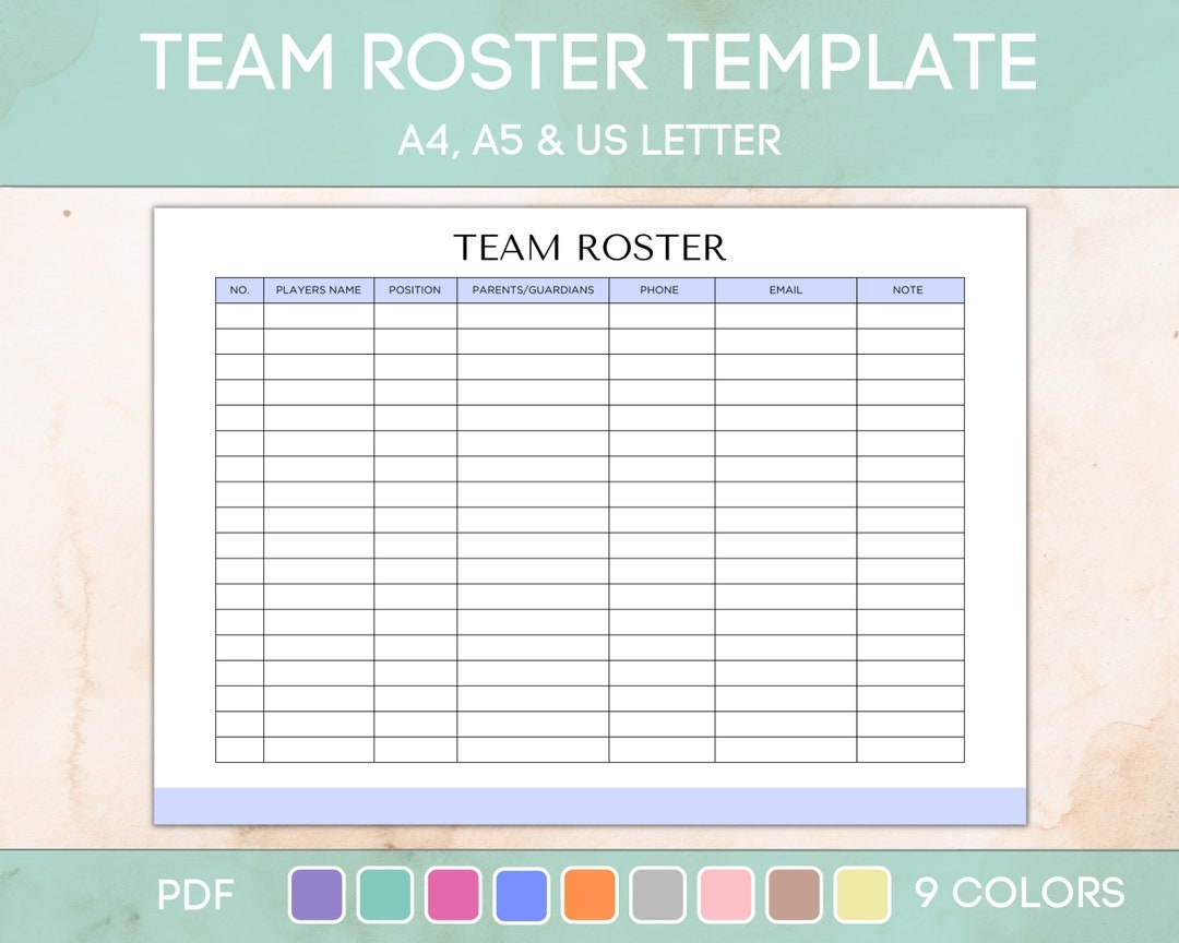 Team Roster Printable Editable Sports Roster Printable Soccer Team 