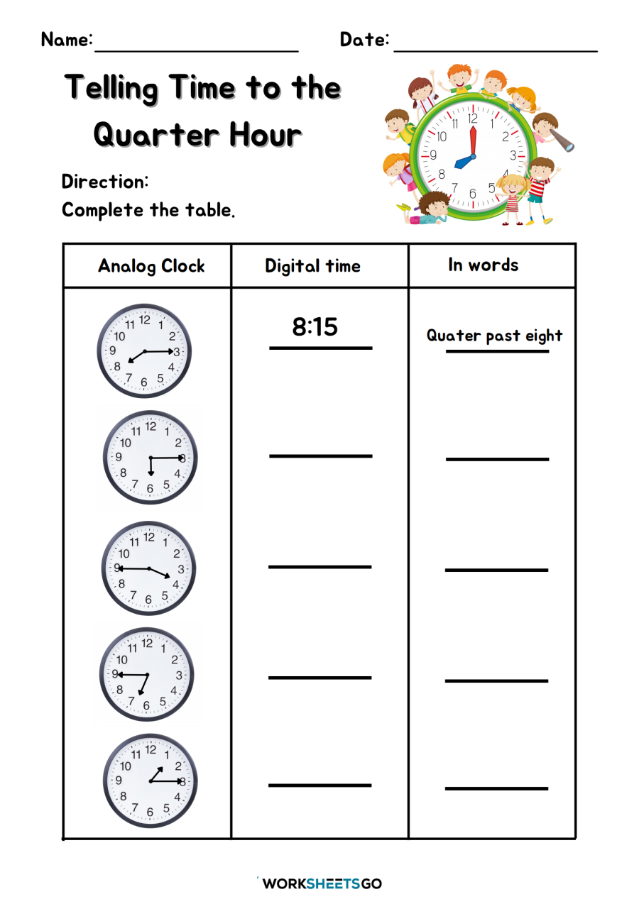 Telling Time To The Quarter Hour Worksheets WorksheetsGO
