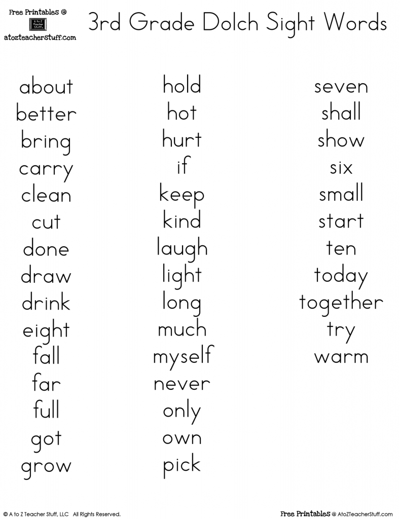 3rd grade word list printable