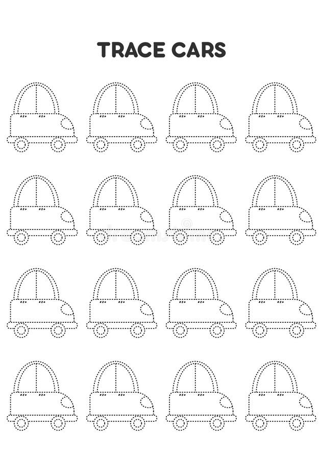 Trace Cars Worksheets For Kids Preschool Education Stock Vector 